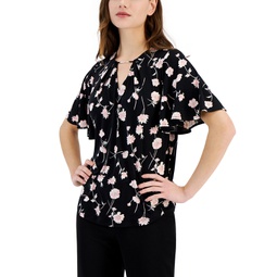 Womens Floral-Print Flutter-Sleeve Top
