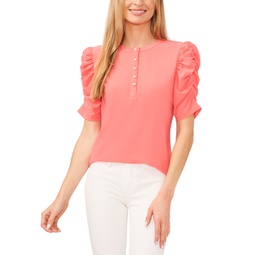 Womens Ruched Puff-Sleeve Henley Knit Top