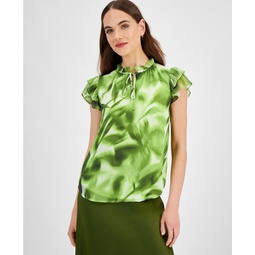 Womens Printed Ruffled Tie-Neck Blouse