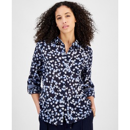 Womens Printed Roll-Tab-Sleeve Button-Front Cotton Shirt
