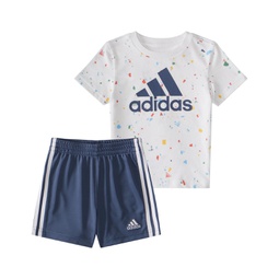 Baby Boys Printed T Shirt and 3 Stripe Shorts 2 Piece Set