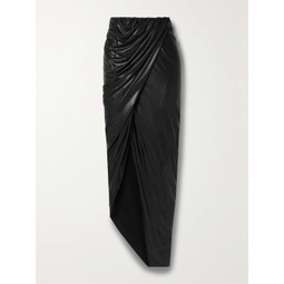 RICK OWENS Wrap-effect draped metallic stretch-jersey midi skirt