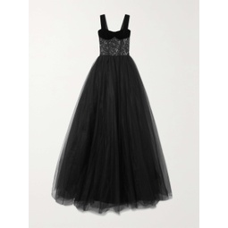 RASARIO Velvet-trimmed guipure-lace and tulle gown
