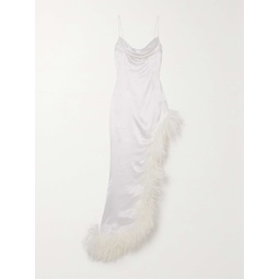 ALESSANDRA RICH Asymmetric feather-trimmed silk-satin gown