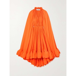 LANVIN Cape-effect tie-detailed ruffled charmeuse dress