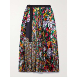 SACAI Belted floral-print plisse-satin midi wrap skirt