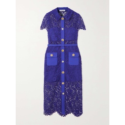 SELF-PORTRAIT Belted button-embellished corded guipure lace shirt dress