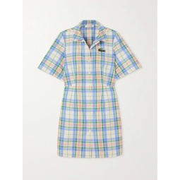 LACOSTE Appliqued checked cotton-blend mini shirt dress