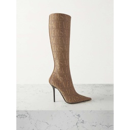 VERSACE Leather-trimmed canvas-jacquard knee boots