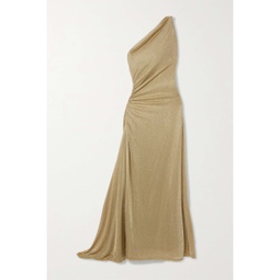 TOVE Vivien one-shoulder ruched metallic knitted maxi dress
