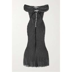 SELF-PORTRAIT Off-the-shoulder crystal-embellished fishnet midi dress