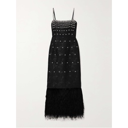 HUISHAN ZHANG Astra feather-trimmed crystal-embellished cloque midi dress