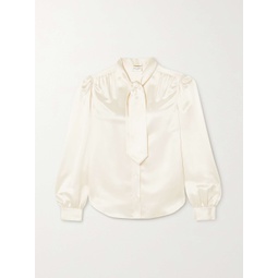 SAINT LAURENT Cropped pussy-bow silk-charmeuse blouse