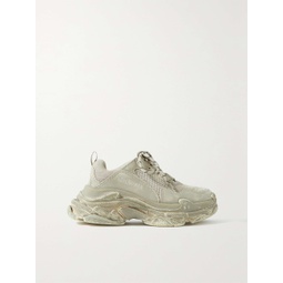 BALENCIAGA Triple S logo-embroidered distressed leather and mesh sneakers