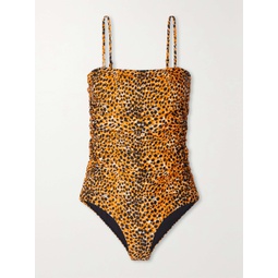 GANNI Ruched cheetah-print recycled swimsuit