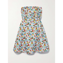 HVN Karla strapless ruched printed cotton-blend poplin mini dress