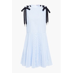 Lace-up pleated striped cotton-blend poplin mini dress