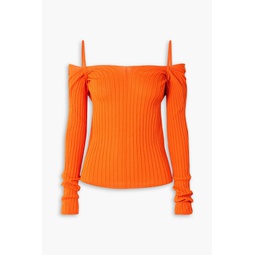 Billowy cold-shoulder twist-back ribbed-knit top