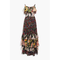 Tiered shirred floral-print silk-voile maxi dress