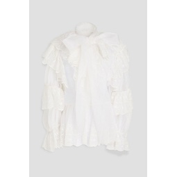 Pussy-bow broderie anglaise-trimmed silk and cotton-blend blouse