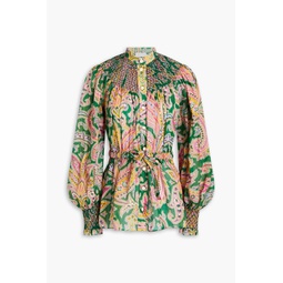 Smocked printed ramie blouse