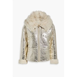 Shearling-trimmed metallic cracked-leather hooded jacket