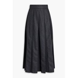 Pleated silk-paneled wool-flannel midi skirt