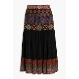 Embroidered pleated wool-blend skirt