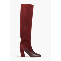 Leather-paneled suede thigh boots