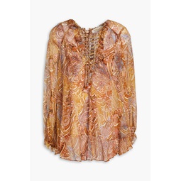 Lace-up paisley-print silk-crepon blouse