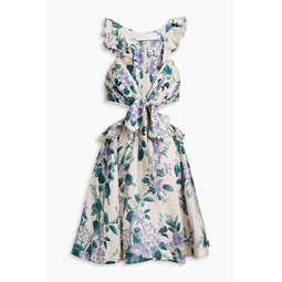 Cutout floral-print linen mini dress
