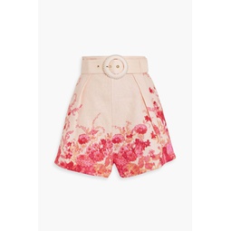 Belted pleated floral-print linen shorts