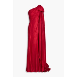 One-shoulder bow-detailed lame gown
