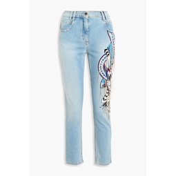 Embellished distressed high-rise slim-leg jeans