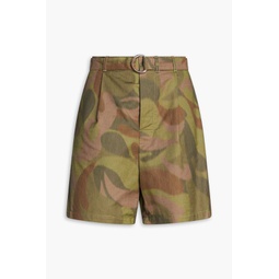 Pleated printed cotton-blend canvas shorts