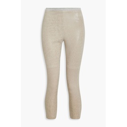Cropped jersey-paneled cracked suede leggings