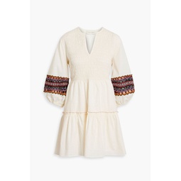 Coco shirred embroidered cotton-poplin mini dress