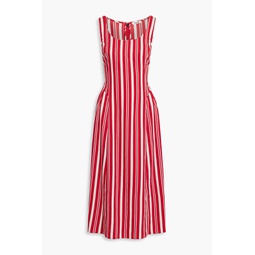Pleated striped crepe midi dress