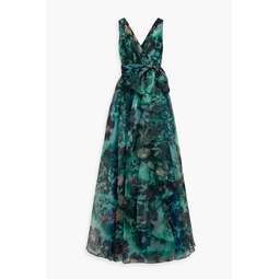 Wrap-effect floral-print organza gown