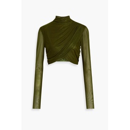 Cropped wrap-effect stretch-tulle turtleneck top