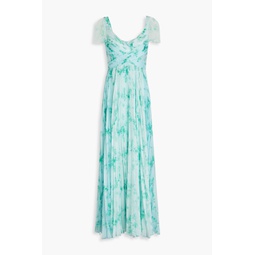Pleated floral-print chiffon gown