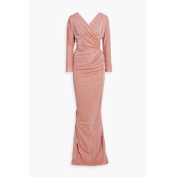 Wrap-effect glittered jersey gown