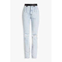 Leather-trimmed distressed high-rise straight-leg jeans