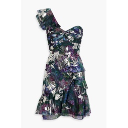 One-shoulder metallic floral-print chiffon mini dress