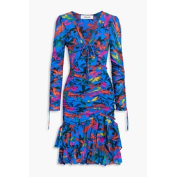 Rocco ruched printed stretch-mesh dress