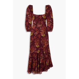Asymmetric floral-print cotton-blend midi dress