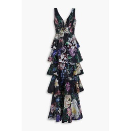 Tiered embellished floral-print chiffon gown