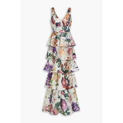 Tiered embellished floral-print chiffon gown