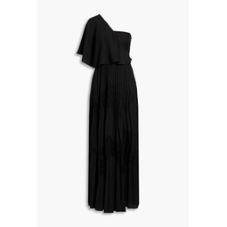 One-shoulder pleated crepe and lace maxi dress