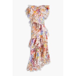 Asymmetric ruffled laser-cut floral-print crepe dress